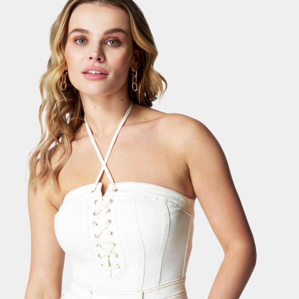 STRAPLESS TIE DETAIL SKINNY DENIM JUMPSUIT, New, without tags